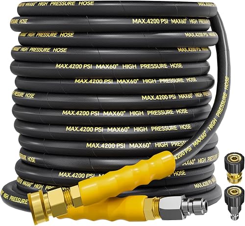 4200PSI Pressure Washer Hose 50FT with 3/8" Swivel Quick Connect for Cold/Hot Water, Resistant Steel Wire Braided, Wear Resistant Power Washer Hose with 2 M22 14mm Adapter Set