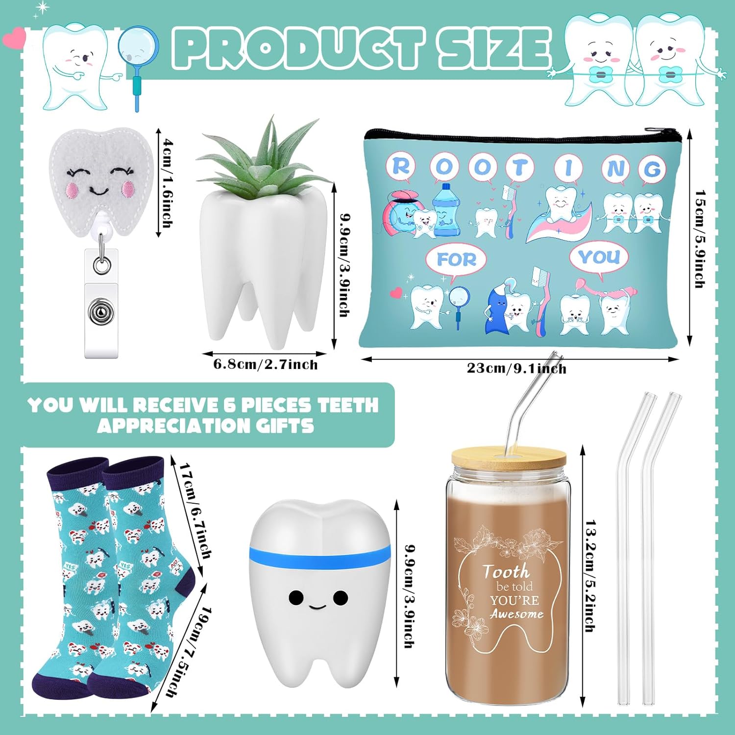Pickmesh 6 Pcs Dental Gifts Dentist Assistant Hygienist Gifts 16 oz Glass Cups with Lid Makeup Bag Socks Badge Holder Tooth Brush Pot for Women Coworkers Doctor Nurse Christmas Accessories(Blue) - Image 3