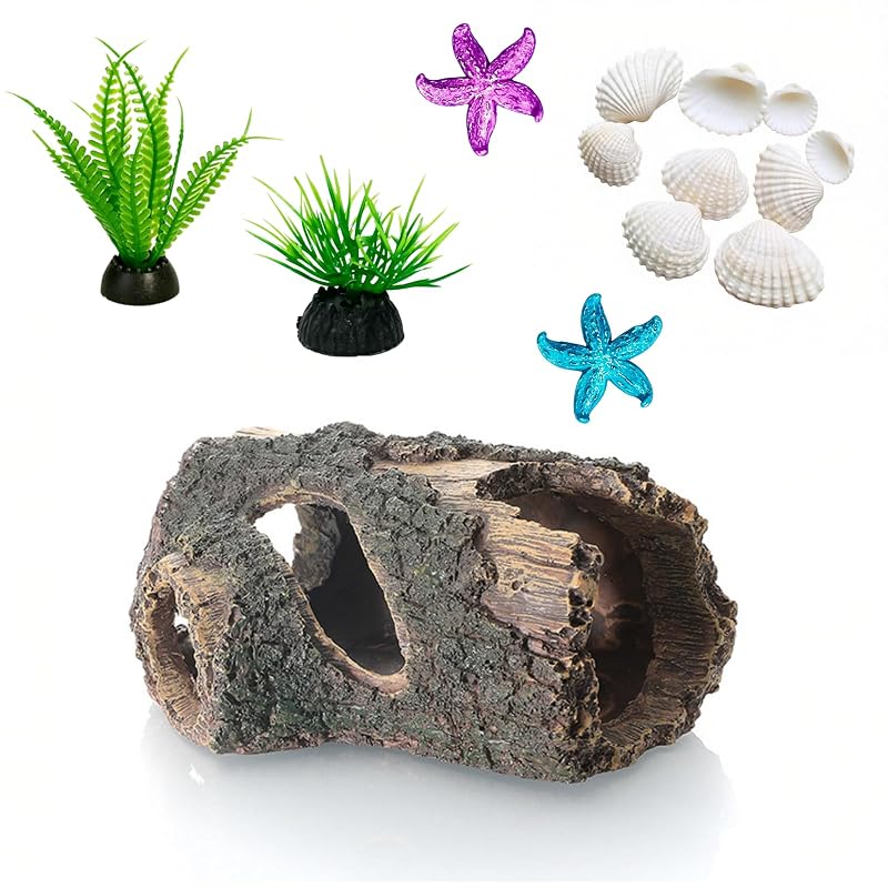 Enfeite para Aquário com Tronco Oco, Plantas, Conchas e Estrela-do-mar Seyoagain