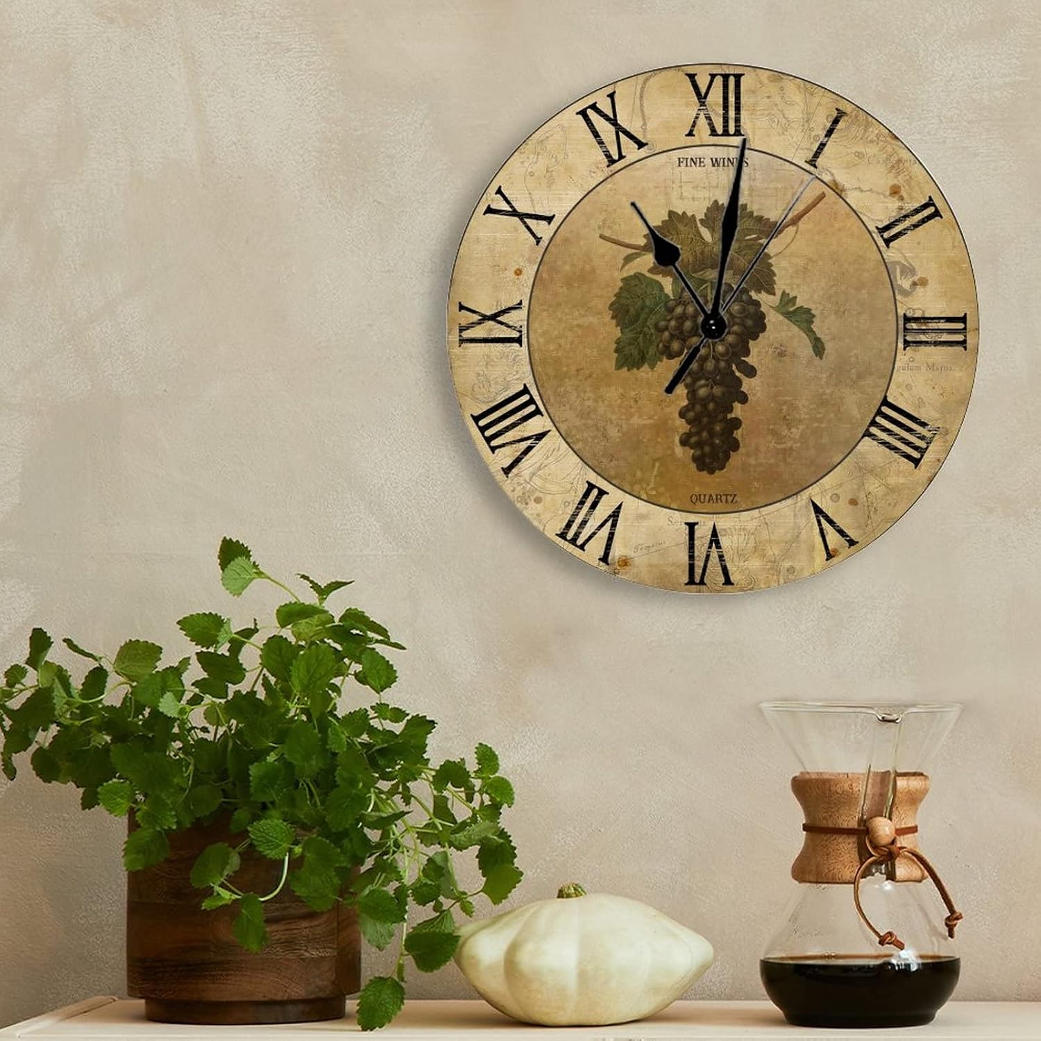 Fine Wine Wall Clock Country Style Retro Kitchen Clocks Grape Farm Large Wooden Wall Clocks Battery Operated 12 Inch Silent Farmhouse Wall Decor Home Decor for Living Room Bedroom Office