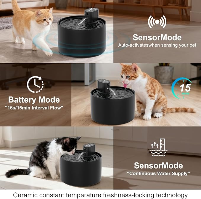 Fuente de Agua Automática para Gatos de Cerámica, 2.3L, Sin Cable miniatura 3