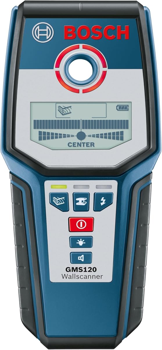 BOSCH GMS 120 Wall Scanner with Modes for Wood, Metal, and Live Wiring, Includes 9V Battery, Hand Strap, & Pouch