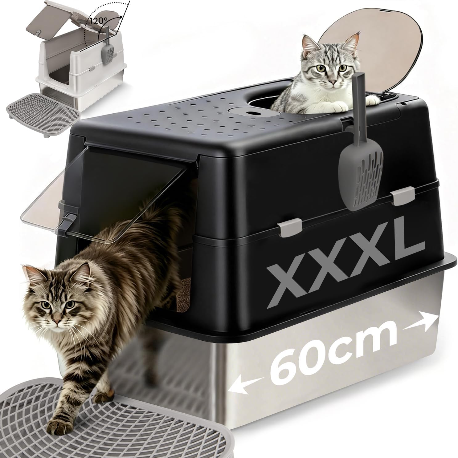 XXL Stainless Steel Cat Litter Tray with Lid 60 x 43 x 40 cm Large Closed Cat Litter Tray 120° Hinged Lid Leak-Proof for Standing Pee and Large Cats, Includes Litter Stairs and Shovel, Black