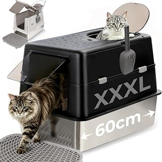 XXL Edelstahl Katzentoilette mit Deckel - 60x43x40cm Großes Katzenklo geschlossen, 120° Klappdeckel, Auslaufsicher für Stehpinkler & Große Katzen, inkl. Streu-Treppe & Schaufel, Schwarz