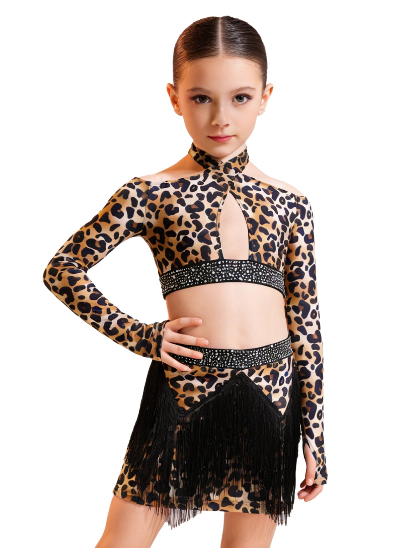 Danse moderne latino filles ensemble crop top jupe franges - 8