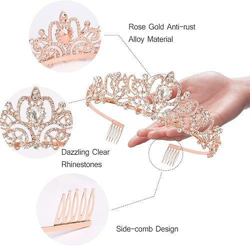 Miniatura 3 de Kit de corona de novia y corona de novia, decoraciones de CIEHER para despedida de soltera, oro rosa, corona de princesa para mujeres y niñas,