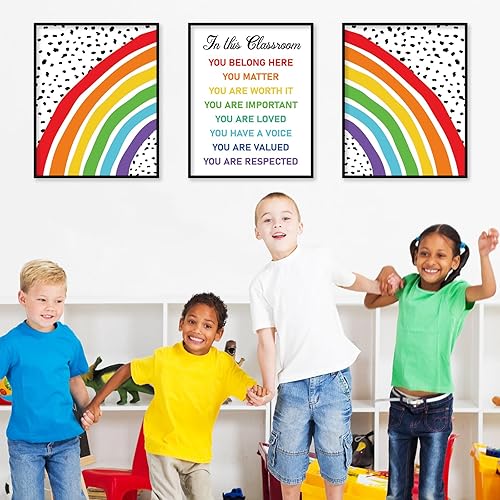 Miniatura 7 de AnyDesign 3 impresiones artísticas coloridas de arco iris para pared, cartel de Diversidad con lunares de arcoíris con texto en inglés You Belong