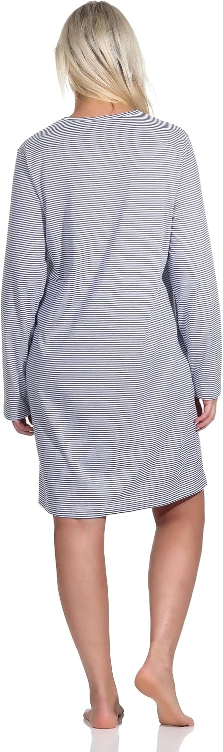 Normann Camicia Da Notte Donna A Maniche Lunghe Con Polsini A Strisce – Cotone 70%, Taglie Forti, Biancheria Notte - 3