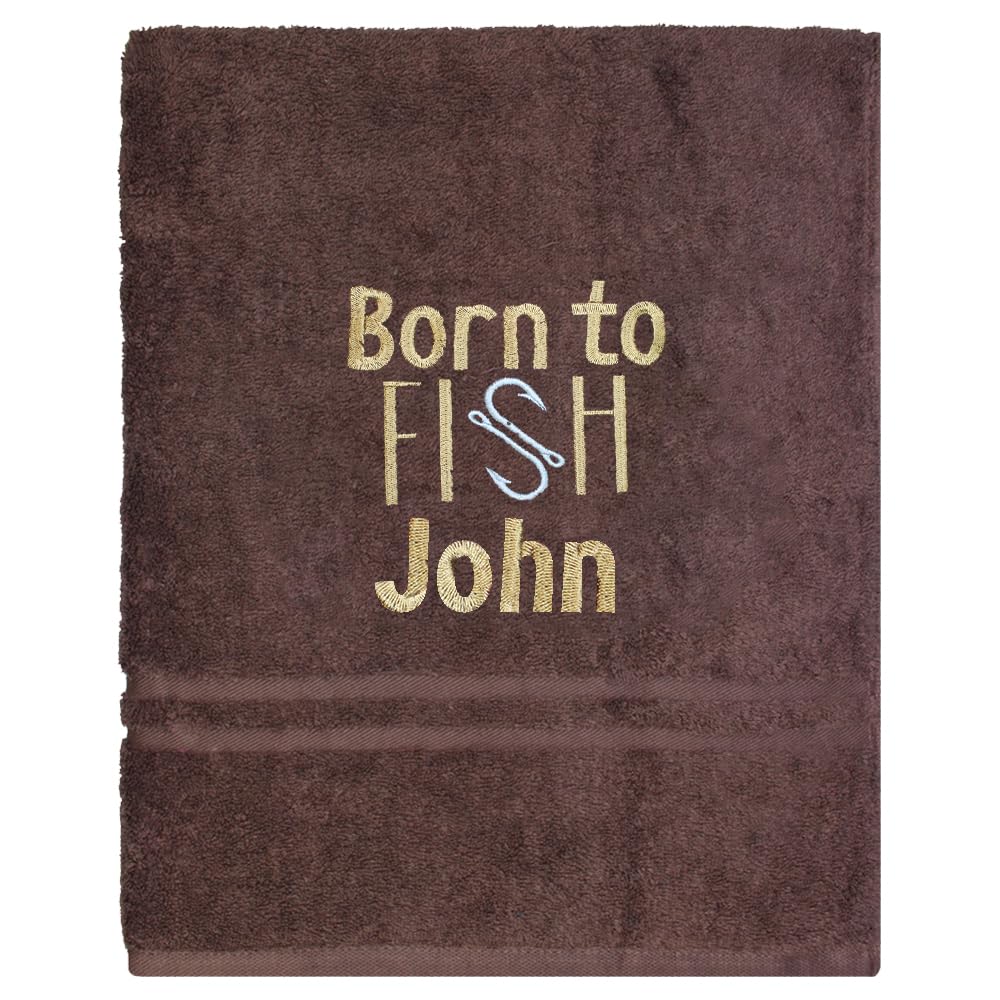 TeddyT's Personalised Born to Fish Embroidered Bath Towel Fishing Gift (Chocolate)