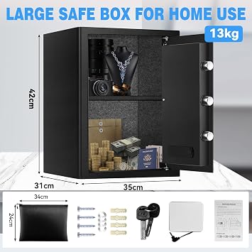 50L Security Safe Box, Home Office Safe with Fireproof Waterproof Bag, Anti-Theft Safety Box with Digital Keypad, Spare Key, LED Light, Smart Alert System, Removable Shelf, 31D x 35W x 42H CM