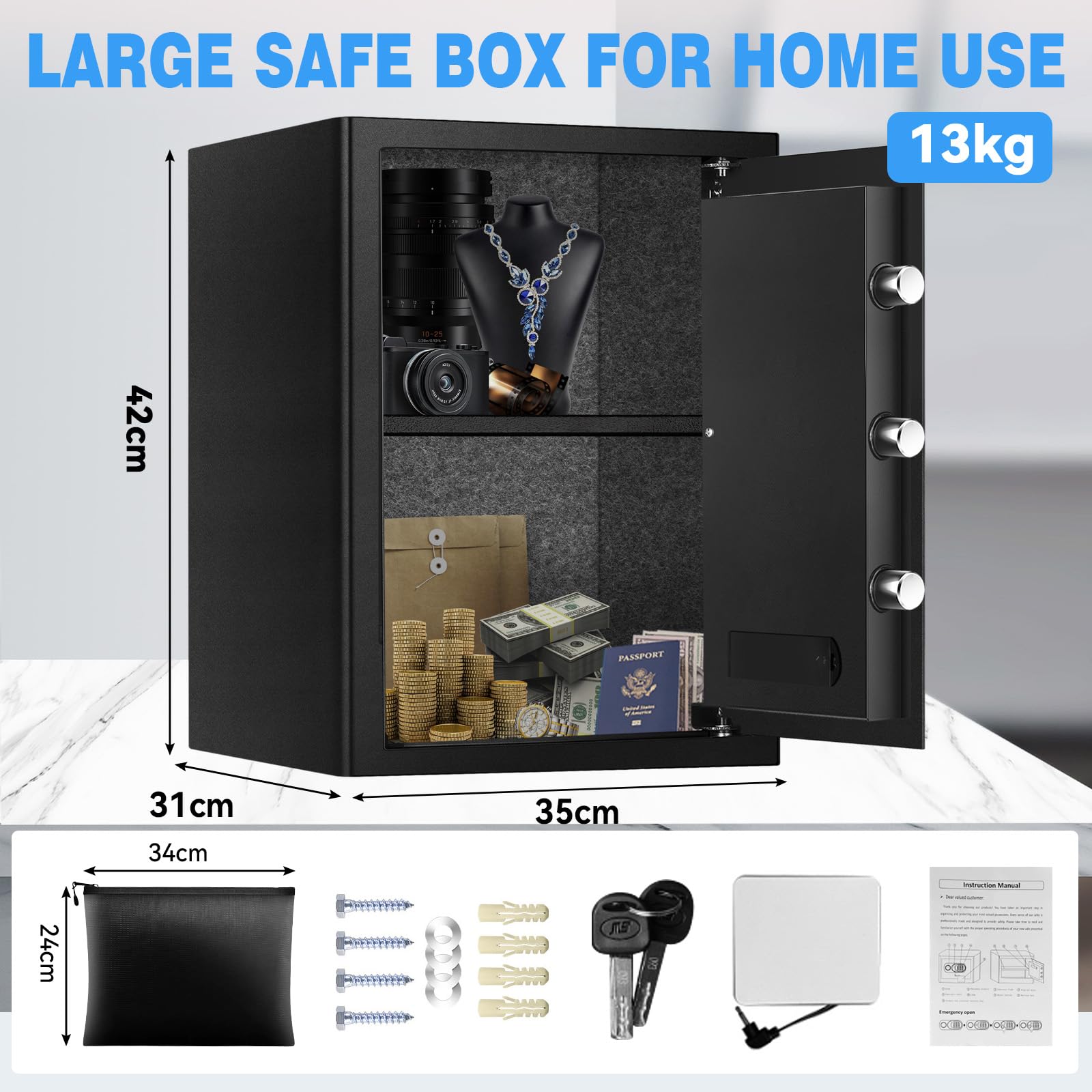Coffre-fort de sécurité de 50 L, coffre-fort pour bureau à domicile avec sac étanche ignifuge, boîte de sécurité antivol avec clavier numérique, clé de rechange, lumière LED, système d'alerte