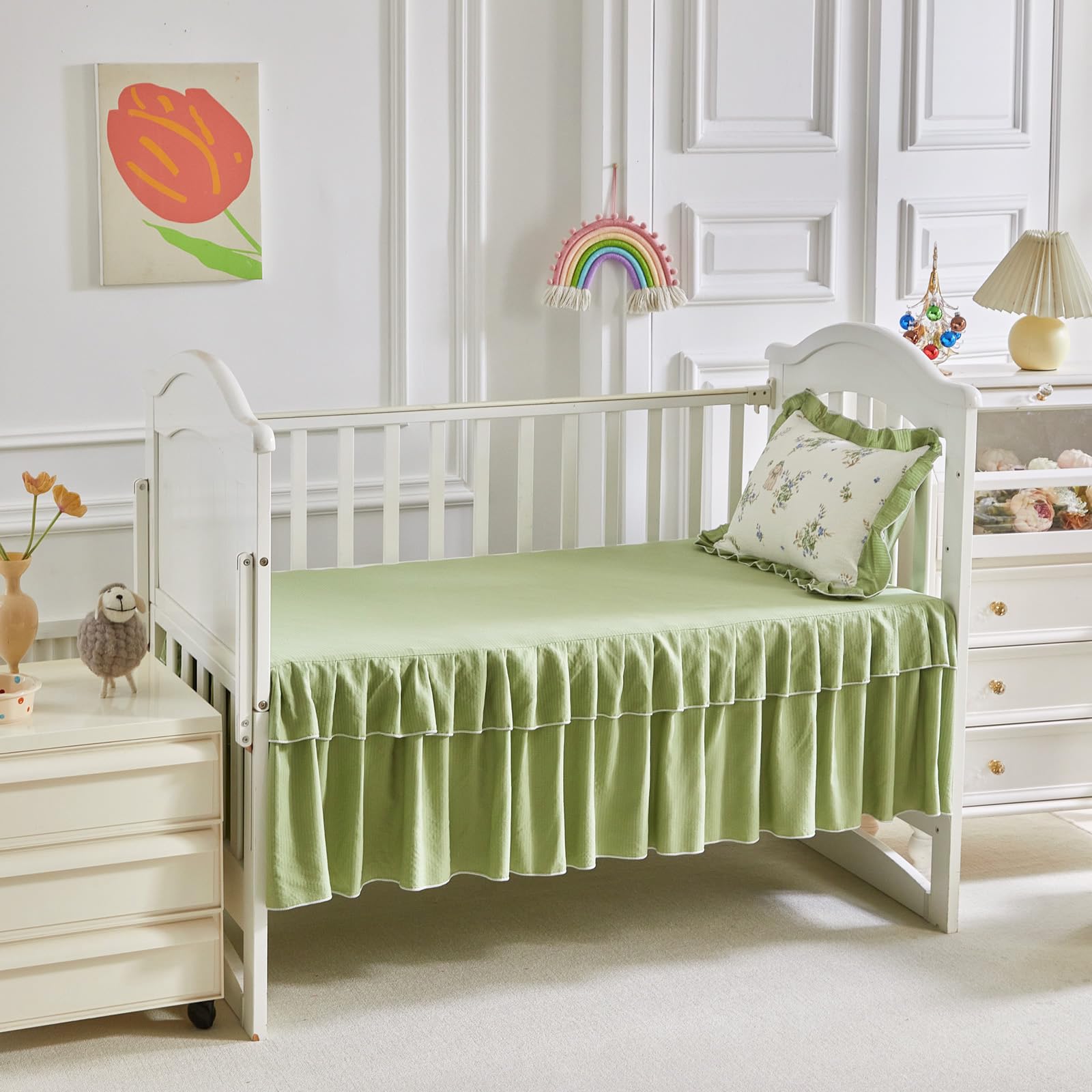 AIKASY Juego de ropa de cama para cuna con volantes y estilo desgastado para niñas, edredón acolchado para bebé, sábana bajera, falda de cama y funda de almohada