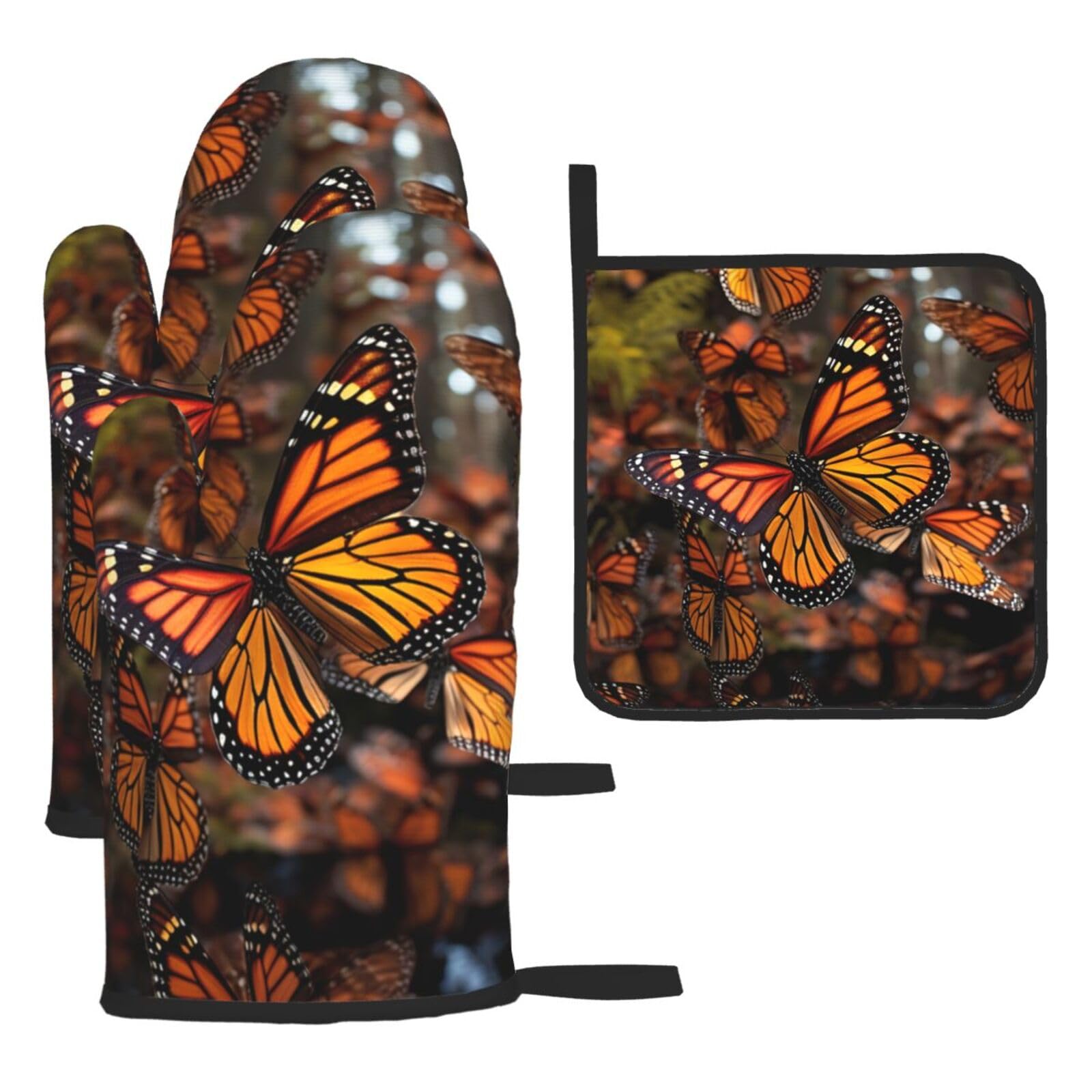 3 Piece Oven Mitts and Pot Holders Set Heat Resistant Oven Gloves and Potholders BBQ Gloves Hot Pads Monarch Butterflies Cooking Gloves for Kitchen Baking Grilling