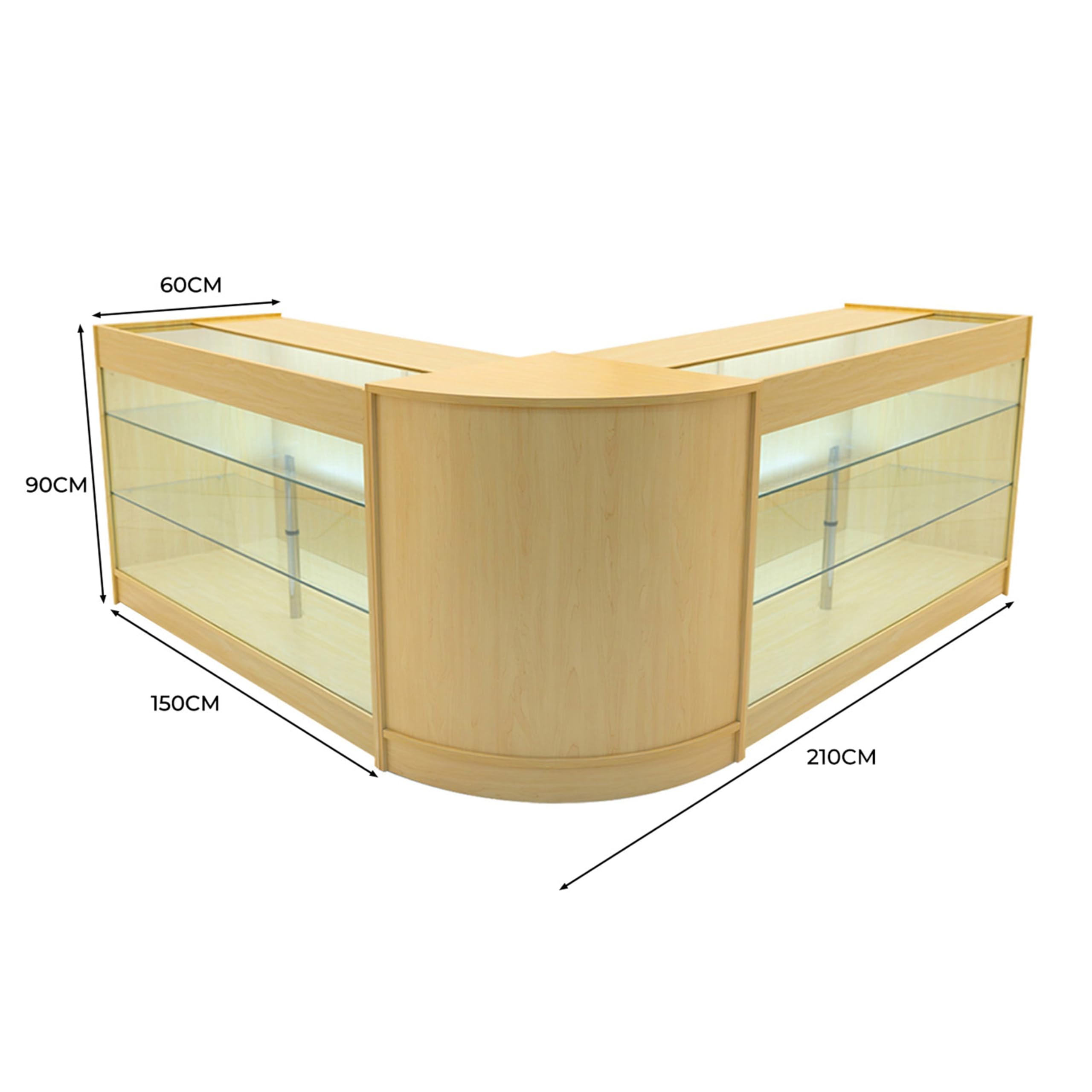 Ahorn Verkaufstresen-Set Helios LED-Beleuchtung K1500 CM60 Abschließbare Schiebetüren mit Schlüsseln 3 Einzelhandels-Lagereinheiten Glasvitrine Ecktheke I Innere Regale Weiße Beleuchtung