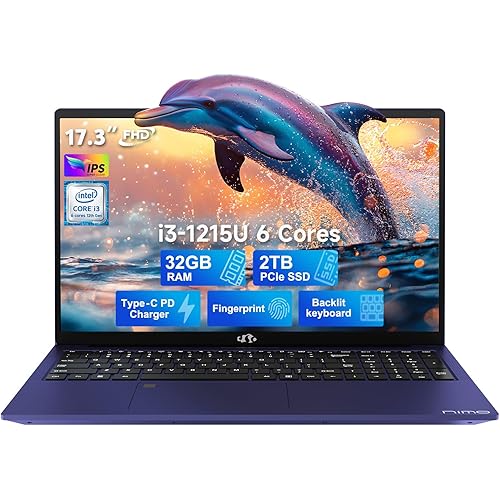 NIMO 17.3 FHD-Laptop, Intel 6-Cores i3-1215U 32GB RAM 2TB SSD (Beat i5-1135G7, Up to 4.4GHz) 65W Type-C Fingerprint Backlit Keyboard IPS Business Computer, Wi-Fi 6 Win 11