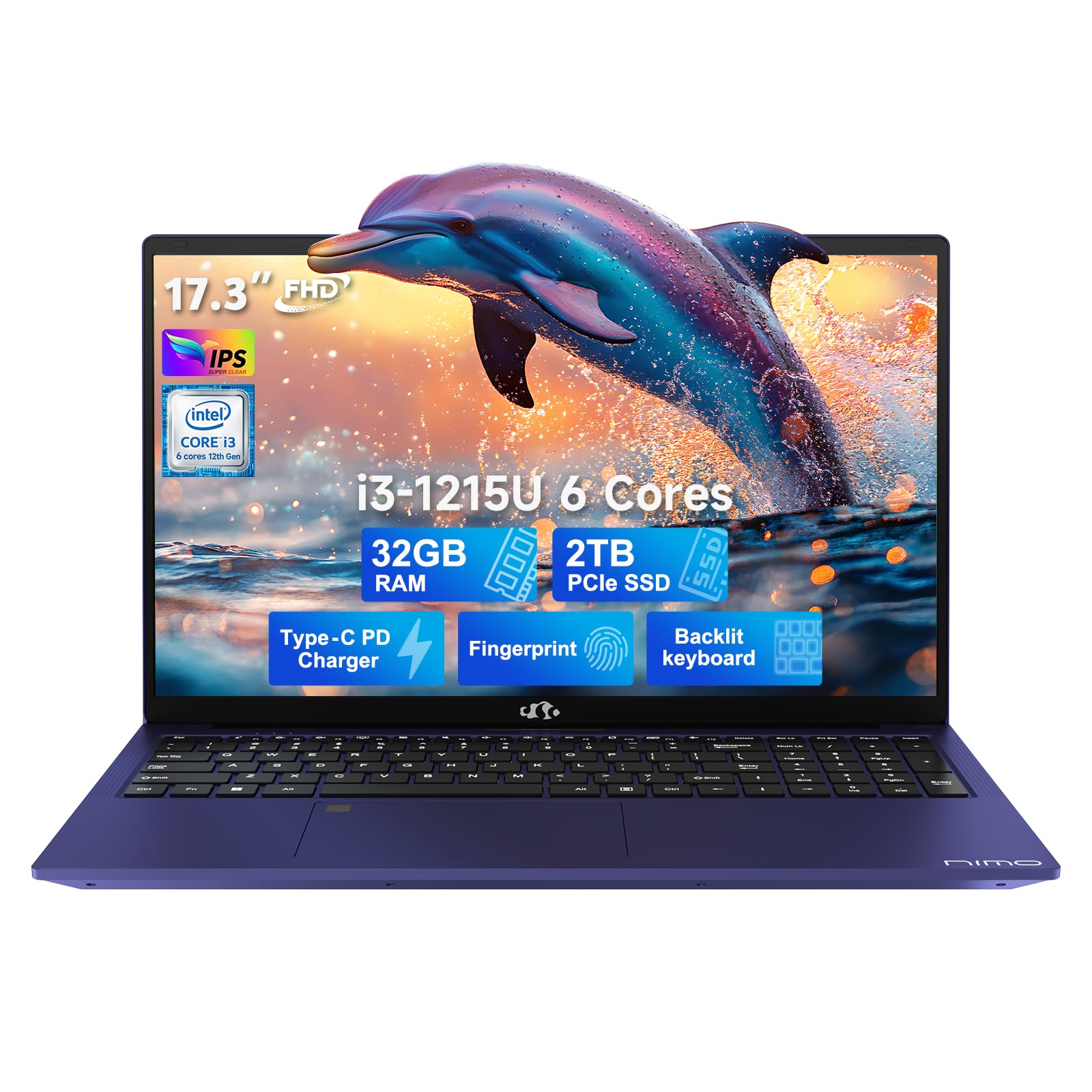 NIMO 17.3 FHD-Laptop, Intel 6-Cores i3-1215U 32GB RAM 2TB SSD (Beat i5-1135G7, Up to 4.4GHz) 65W Type-C Fingerprint Backlit Keyboard IPS Business Computer, Wi-Fi 6 Win 11