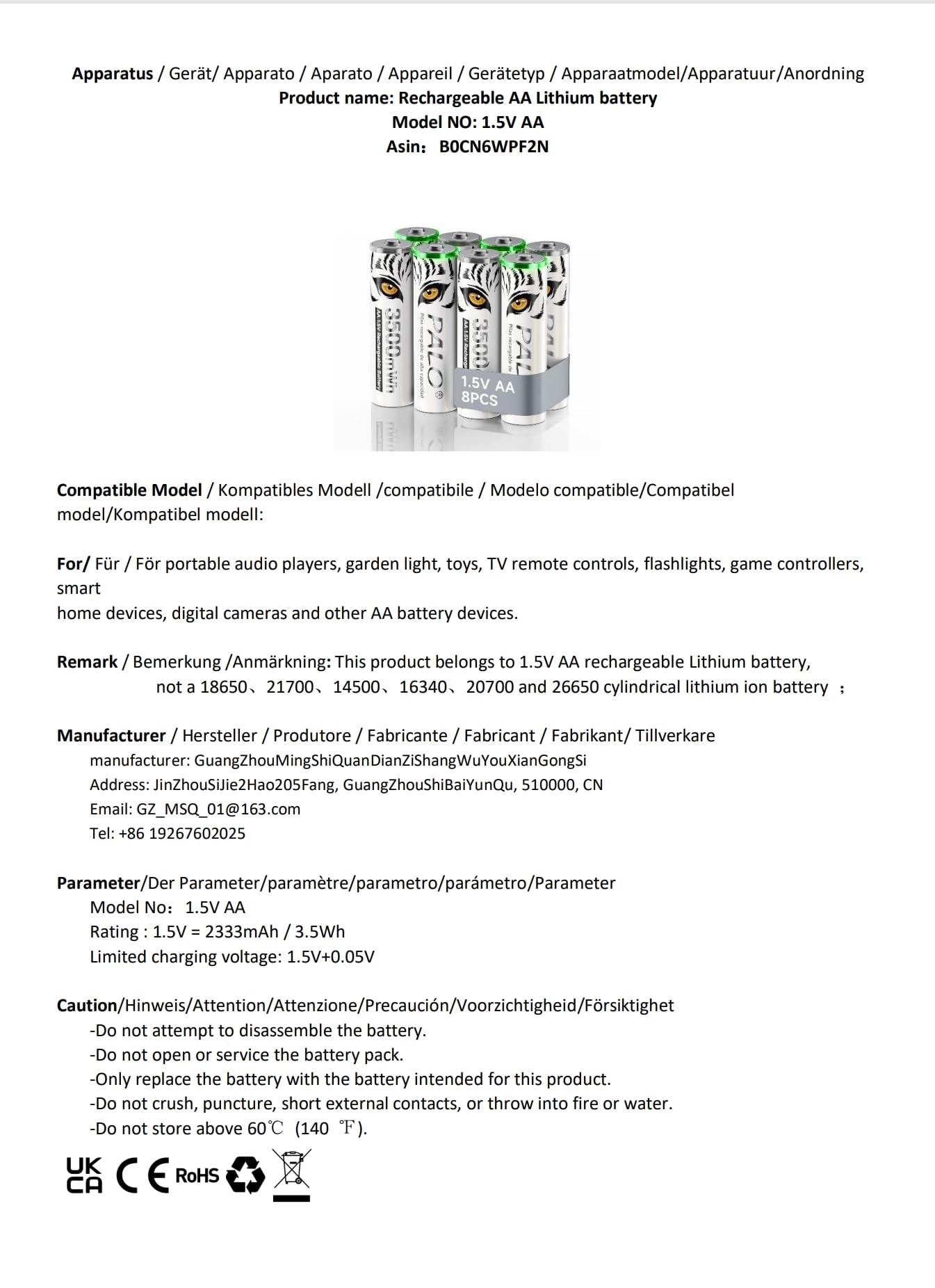 Batterie au Lithium AA 1,5 V 3 500 mWh, imprimé Tigre et avec Voyant de Charge, Piles AA à Charge Rapide 1 500 Cycles Rechargeables, Lot de 8 Piles avec boîtier de Batterie