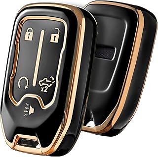 ELOHEI Key Fob Cover for Chevy, Key Fob Case Compatible with 2018-2023 Chevrolet Silverado Suburban Tahoe GMC Acadia Sierra Terrain Yukon Premium Soft TPU 360 Degree Full Protection (Gold Edge Black)