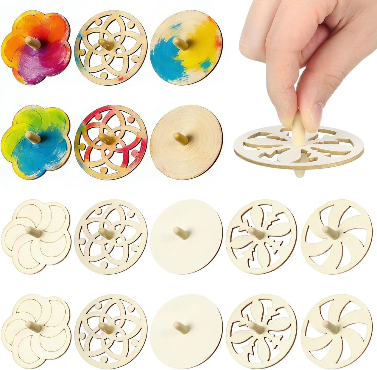 Kisangel Wooden Spinning Tops for Children - 20 Unpainted Spinning Tops for DIY and Creative Fun at Parties