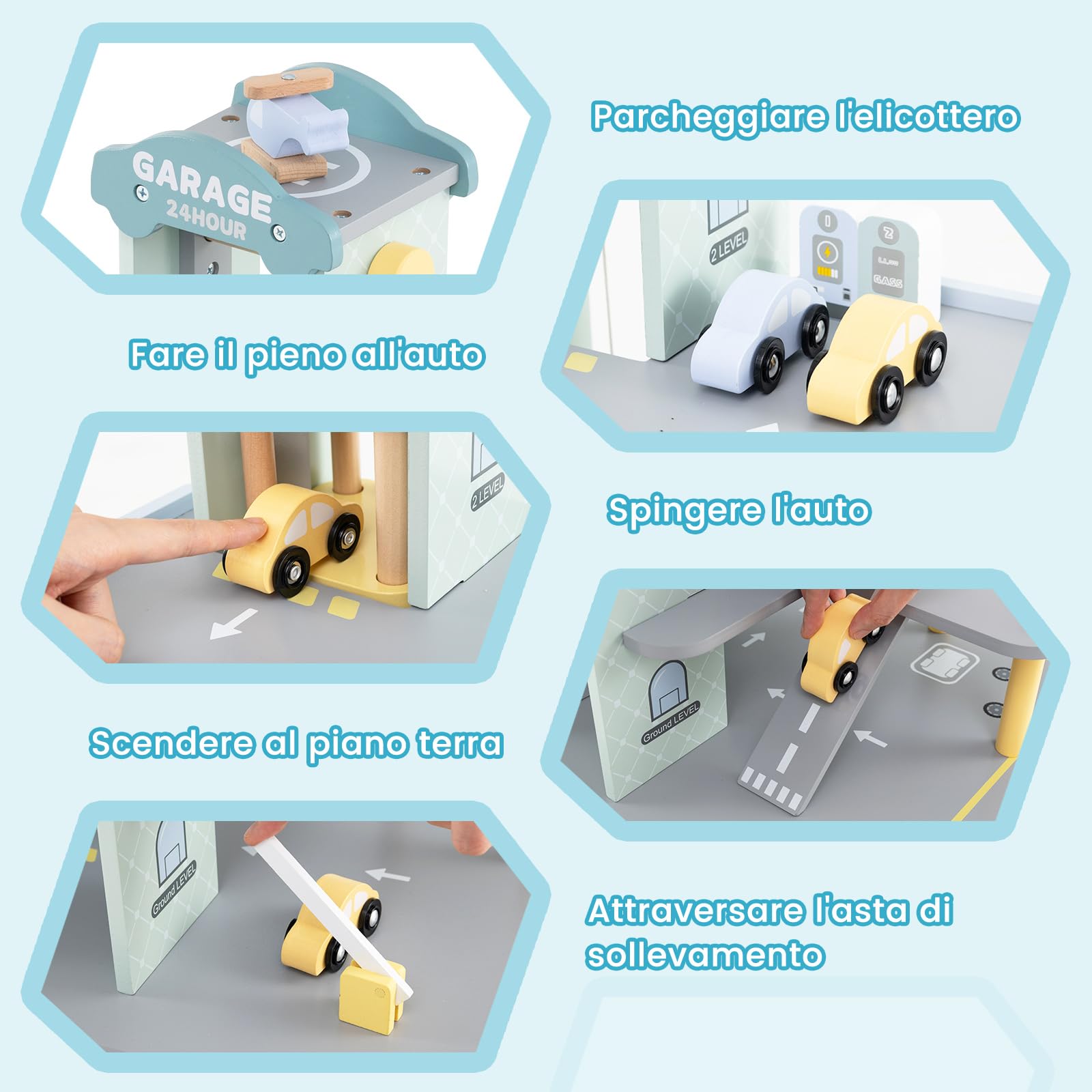 RELAX4LIF Garage per Bambini con 4 Macchinine e 1 Elicottero, Garage di Parcheggio a 3 Piani con Ascensore, Autolavaggio e Distributore di Benzina