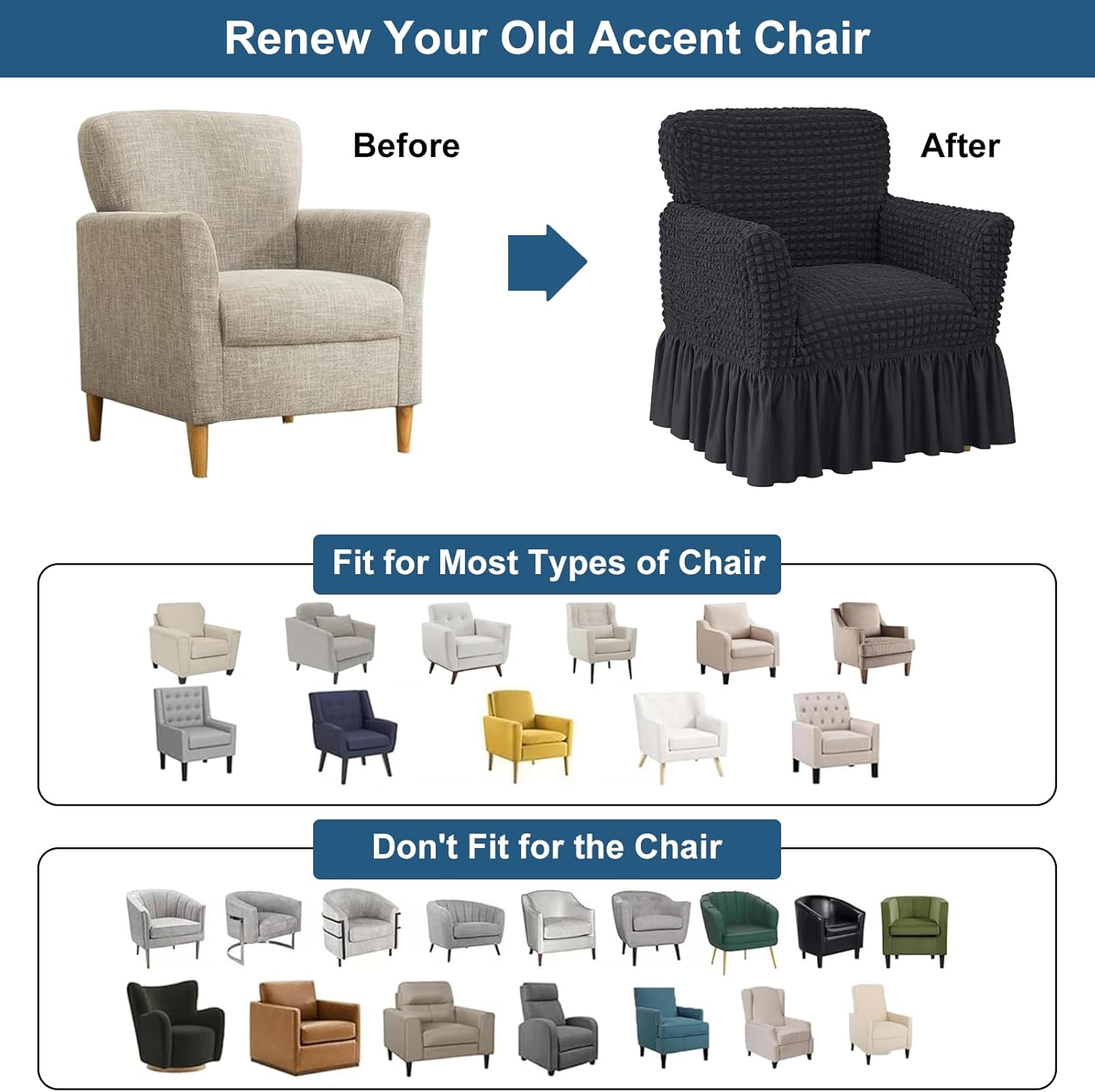 Stretch Seersucker Armchair Slipcovers with Skirt, 1-Piece Chair Cover with Arms, Soft Stretch Accent Chair Slipcovers, Non-Slip Washable Furniture Protector for Living Room Decor (Black)