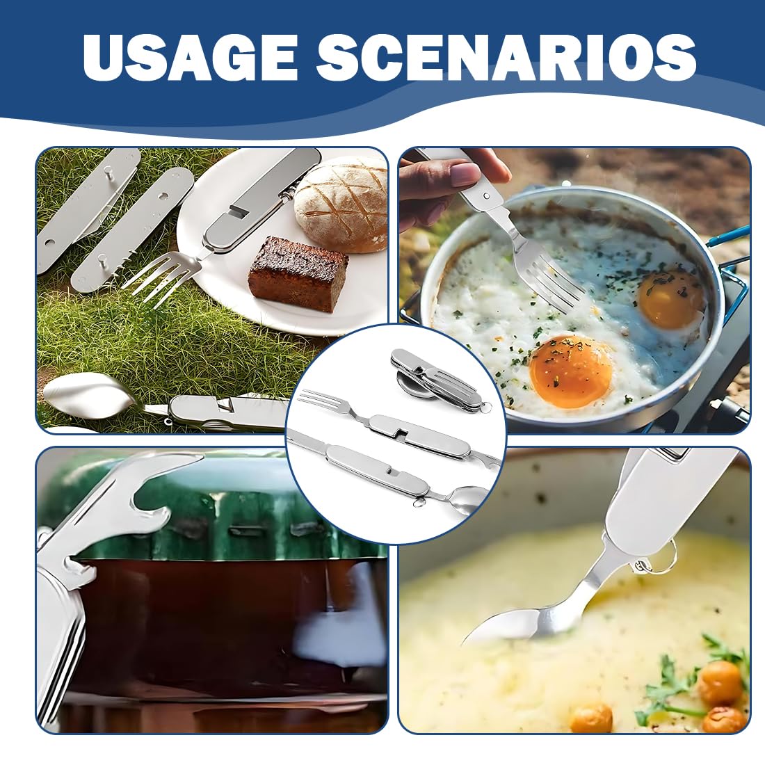 1 Set Posate Pieghevole, Utensile 4-in-1 Con Coltello, Forchetta, Cucchiaio E Apribottiglie, Ideale Per Viaggio, Picnic, Campeggio E Attività All'aperto.