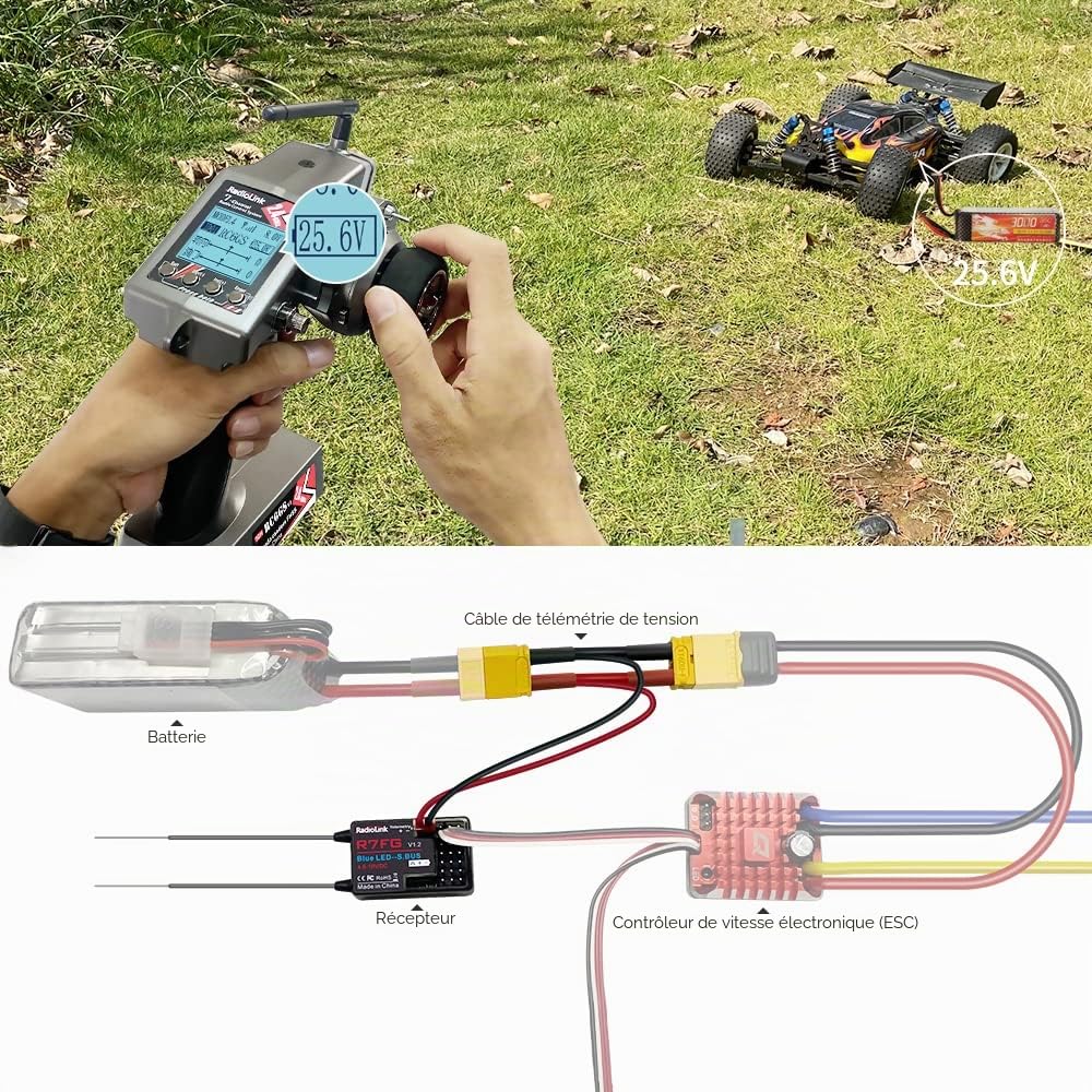 Radiolink RC6GS V3 RC Émetteur Radiocommande 7 Canaux avec Récepteur R7FG, Télémétrie Tension, 2,4 GHz