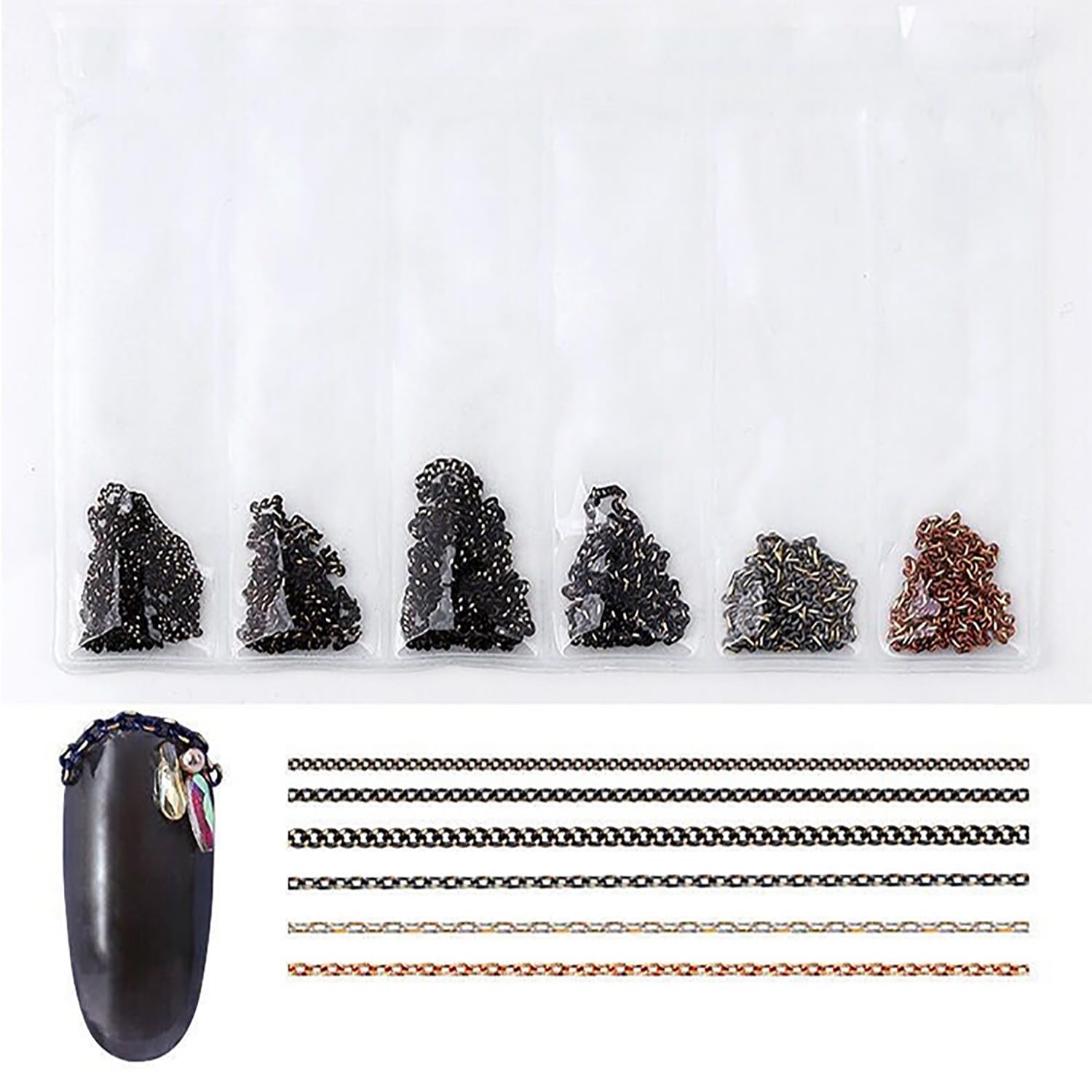 4 paquetes de 24 tiras de cadenas de uñas para arte de uñas, oro, plata, negro, multicolor, aleación de metal, cadenas de arte de uñas, dijes de uñas dorados, dijes de uñas plateados