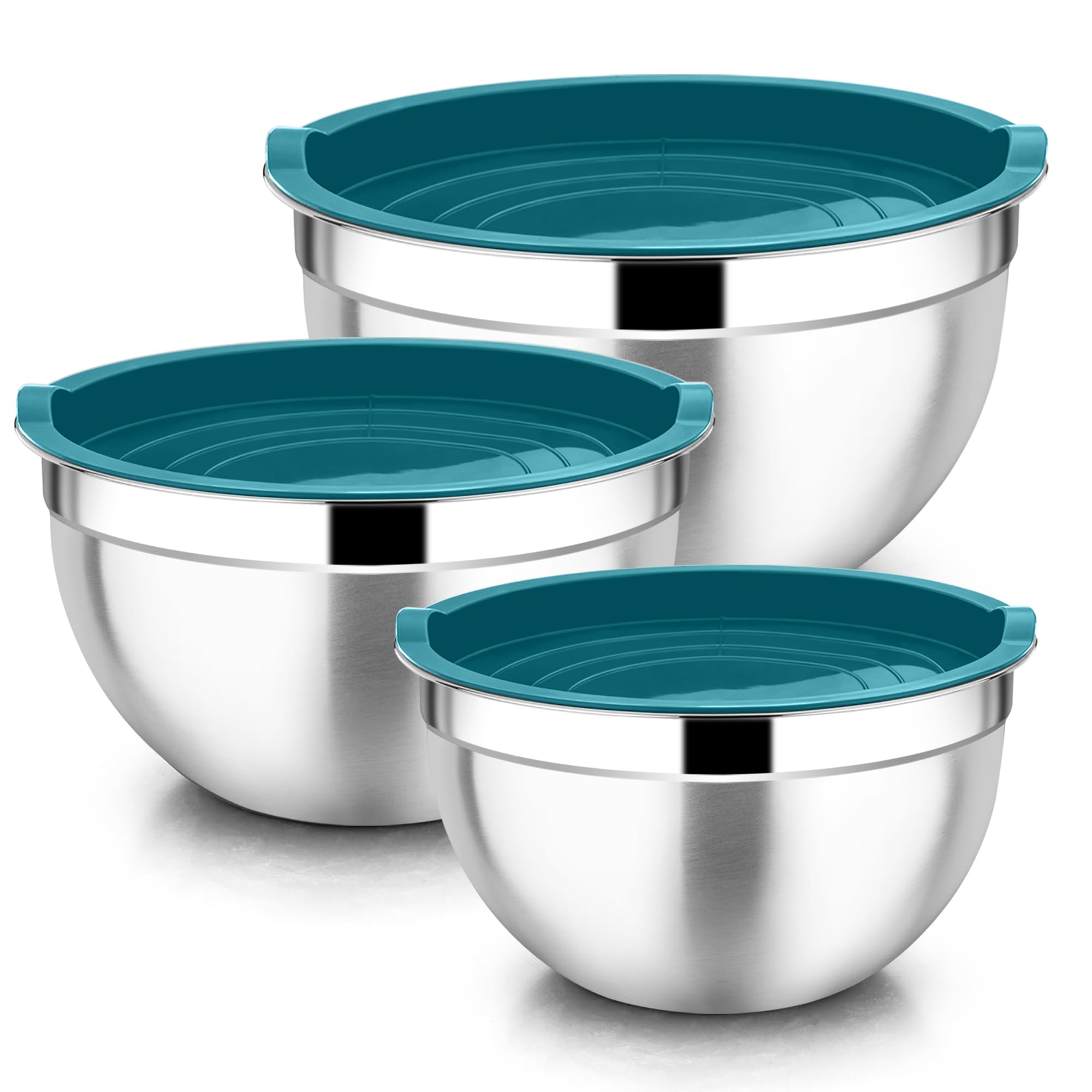 Joyfair Ciotola per insalata, 3 pezzi, in acciaio inox, con coperchio ermetico, impilabile, in metallo, per mescolare/servire/preparazione, lavabile in lavastoviglie, 4,5 l, 2,7 l, 1,5 l, blu