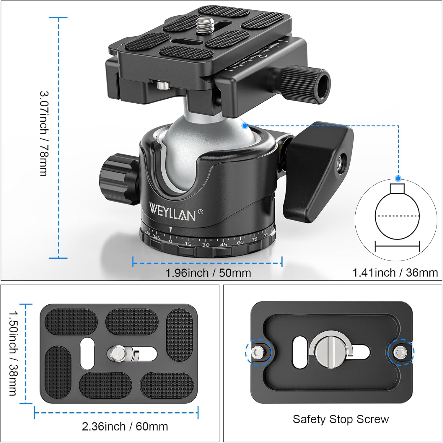 WEYLLAN EH36L Tripod Ball Head with Lever Release, 36mm Low Profile Heavy Duty Ball Head Mount with Arca Swiss Quick Release Plate for Camera Tripod Monopod DSLR Camcorder Telescope,Max Load 44lb/20kg