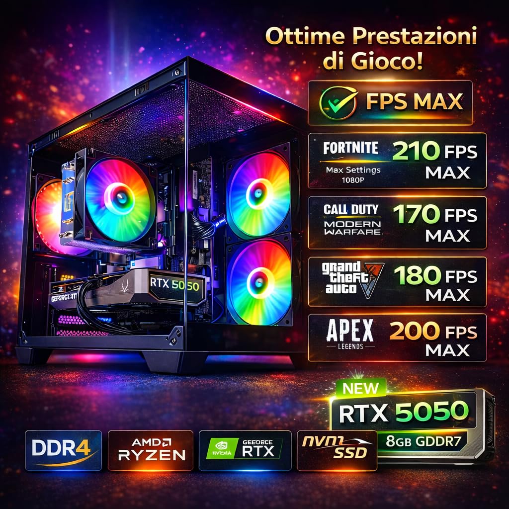 Golook PC Gaming Fisso, R5 4500, RTX 5050 8GB GDDR7, 16GB RAM, 500 GB NVME M.2, WiFi, Ethernet, Computer Fisso 2026