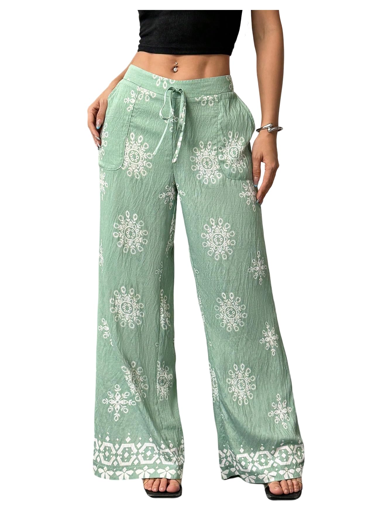 SOLY HUX Womens Wide Leg Boho Pants Floral Print Tie Front Baggy Beach Palazzo Trousers Vacation Clothes
