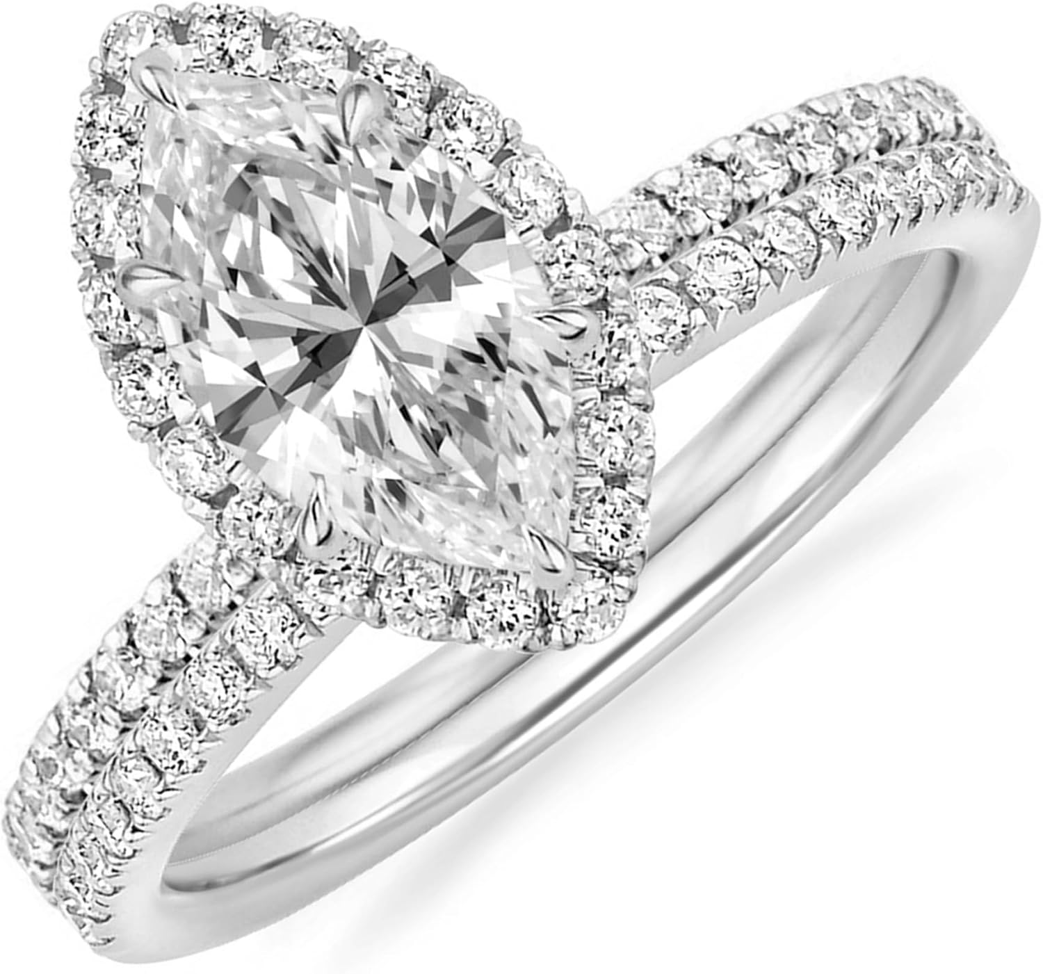 1.00 Carat Marquise Cut White Diamond Halo Engagement Ring With Matching Wedding Band For Women, 14K Gold Plated 925 Silver White Diamond Side Stone Halo Bridal Set