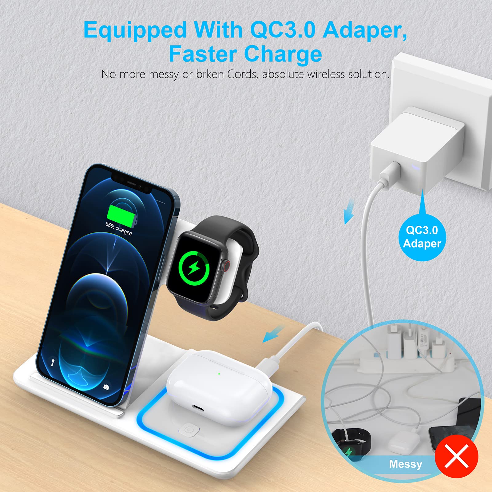 ZEBRE Chargeur à Induction 3 in 1 Chargeur sans Fil Compatible avec iphone 14 13 12 11 Pro Max/Plus/XR XS X Und iwatch Pliable Rapide Station De Recharge Charge Compatible avec Apple Watch/Airpods