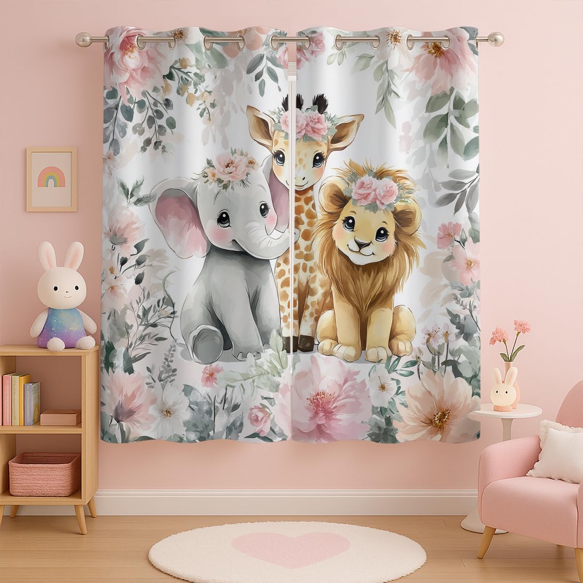 Animals Curtain, Watercolor Pink Floral Flowers Cartoon Cute Elephant Giraffe Lion, Grommet Curtains for Family Room or Reading Nook, Set of 2 Panels, 63 x 63 Inch, Thermal Insulated Darkening Drapes
