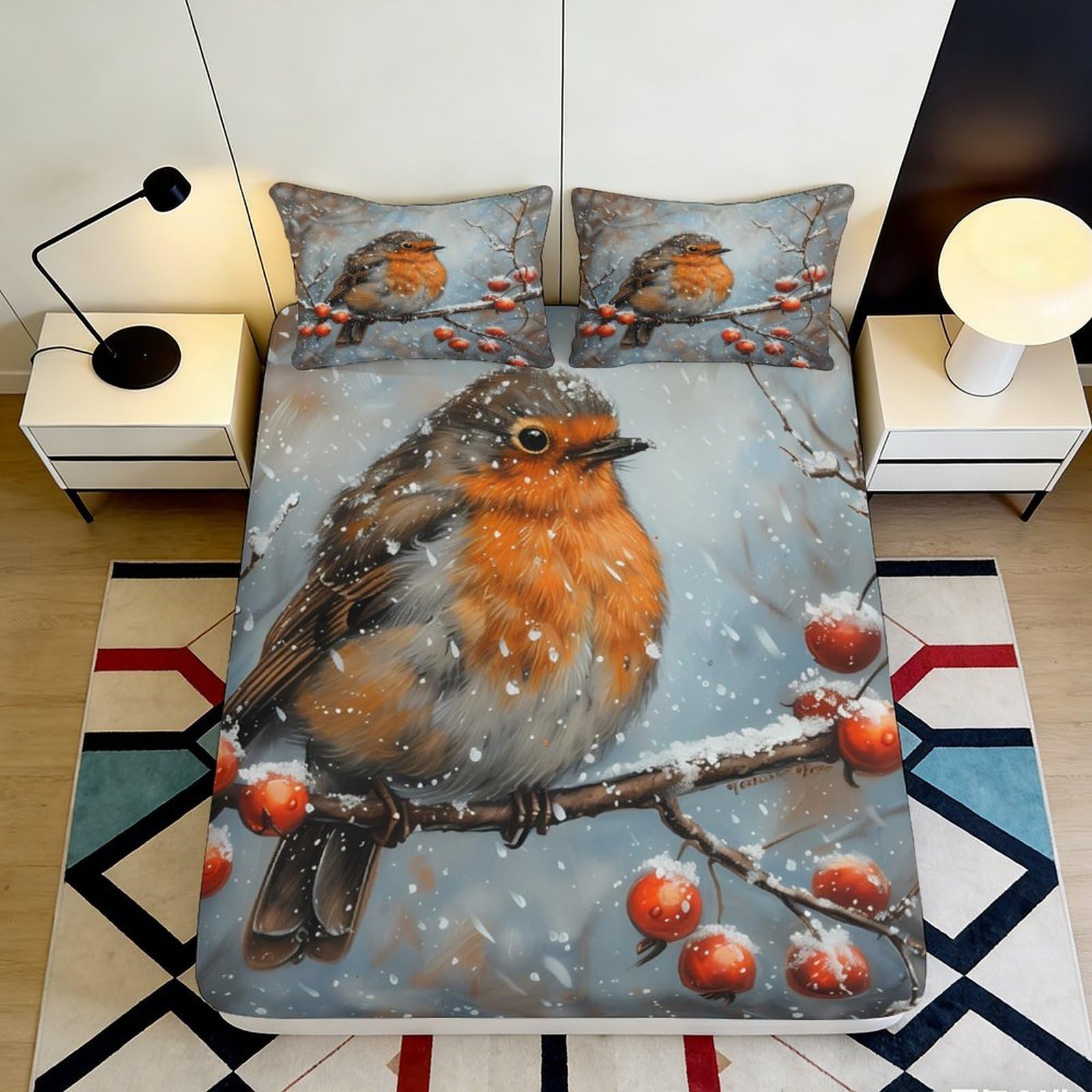 3D Printed Snowy Robin Fitted Sheet Microfiber Soft Winter Branch Bed Cover for Bedroom Guest Room Decor 90x200x25cm