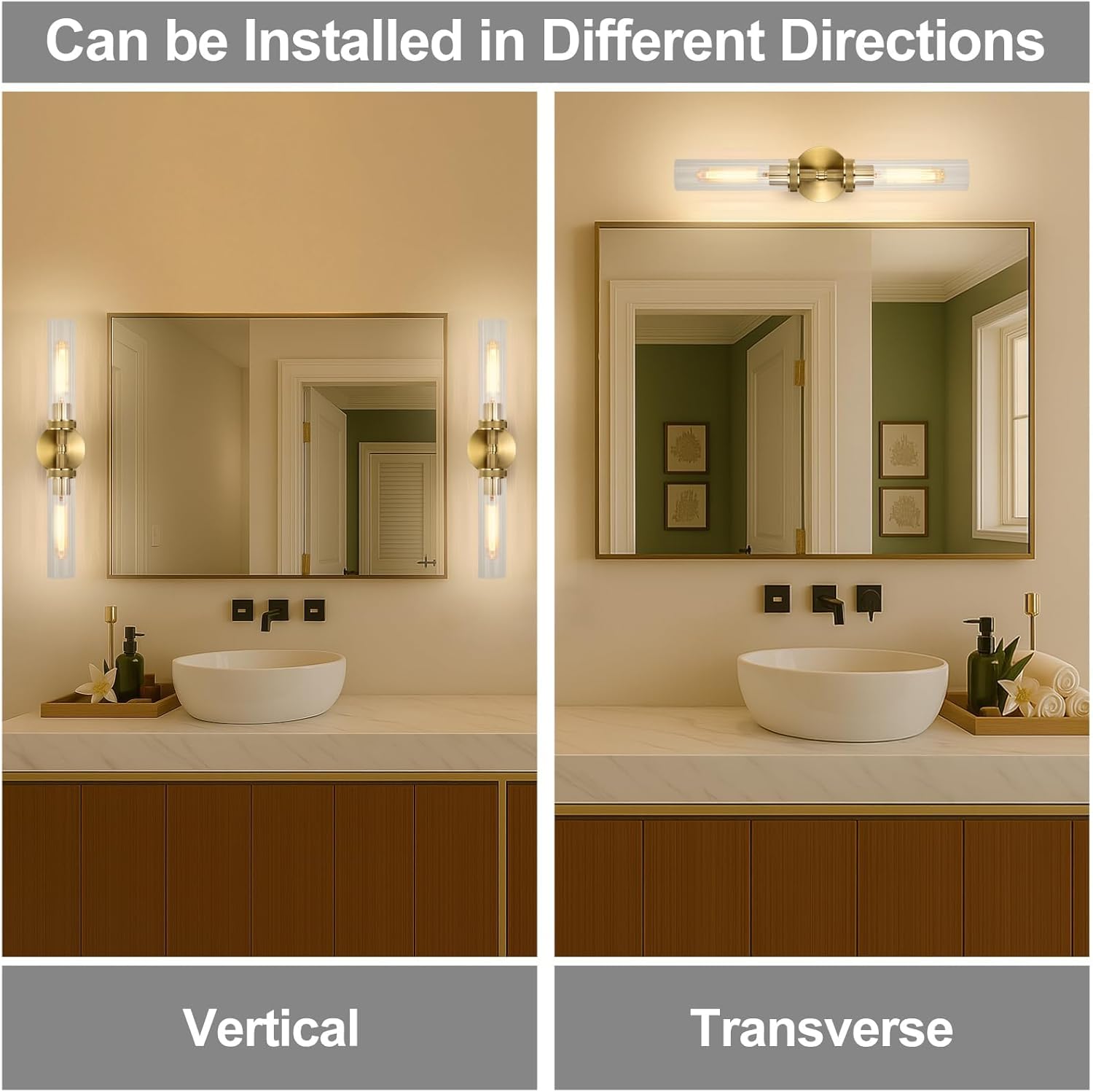 LaLuLa Gold Bathroom Vanity Light Fixtures – 2-Light Hardwired Wall Sconces with Rippled Glass Shades and Textured Metal Frame, Modern Vanity Lighting for Mirror, Bedroom, or Hallway, 25”