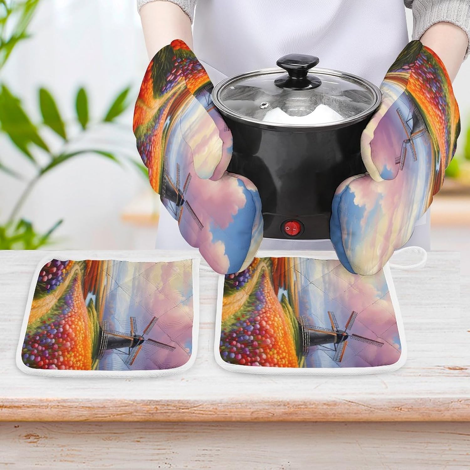 Dutch Windmills Tulips 4 Pcs Oven Mitts and Pot Holders Set High Heat Resistant Long Kitchen Oven Glove Potholders