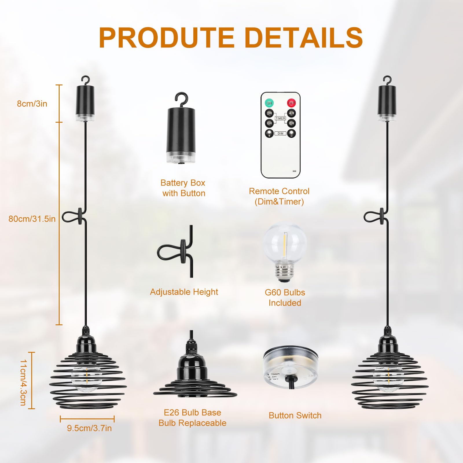 Lampa wisząca na baterie z pilotem zdalnego sterowania, ściemniana i timer, ekskluzywny metalowy klosz, uchwyt lampy E27, bezprzewodowy bezprzewodowy do sypialni (baterie nie wchodzą w zakres
