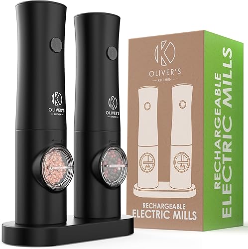 Oliver's Kitchen  Molinillos eléctricos de sal y pimienta, no requiere baterías con base USB-C recargable, fácil operación con 1 toque, grosor