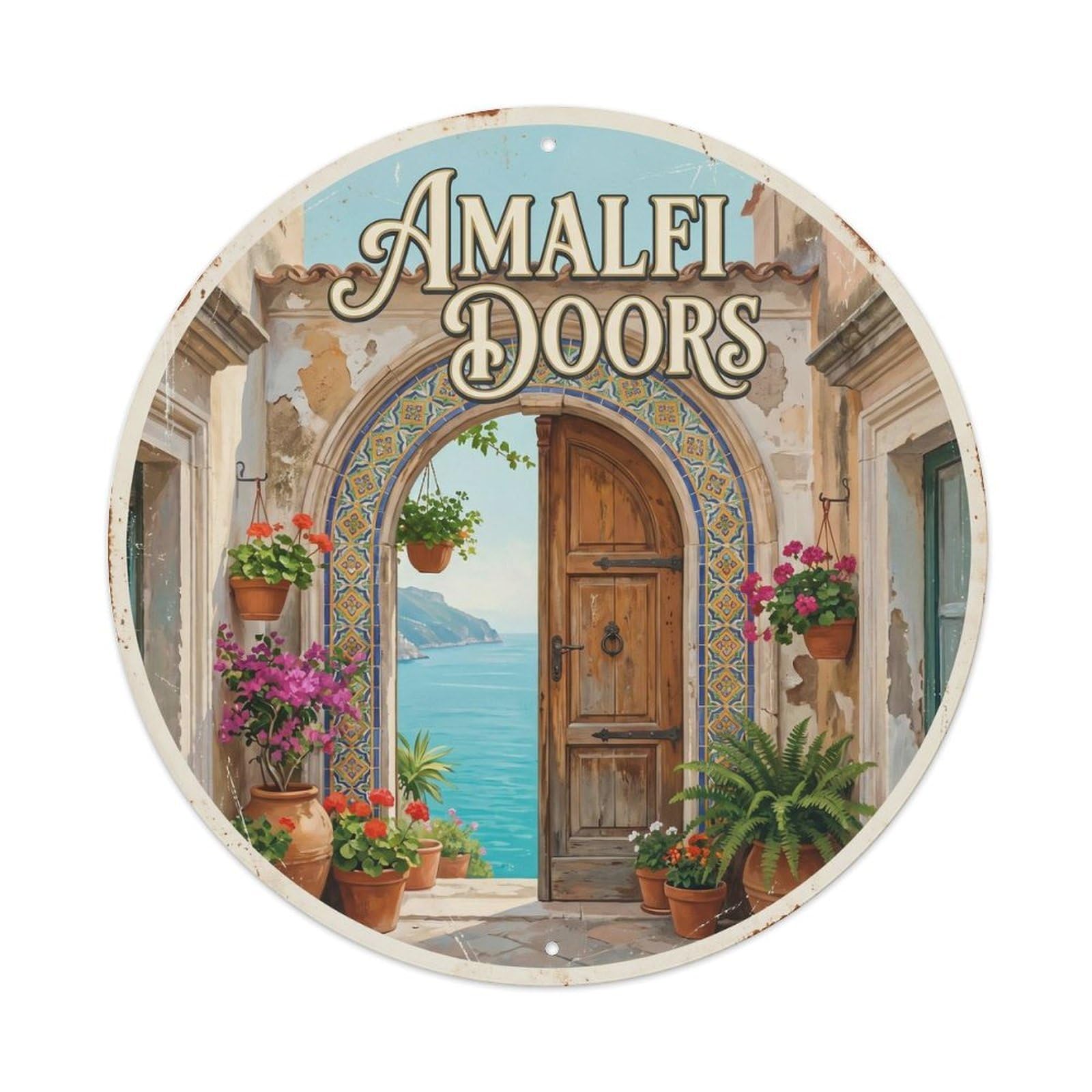 Italian Seaside Coastal Doorway Architecture Classic Travel Metal Tin Sign Plaque Wall Decor for Cafe, Man Cave, Club Bar, Office, Home Garden Round Metal Poster 8x8Inch