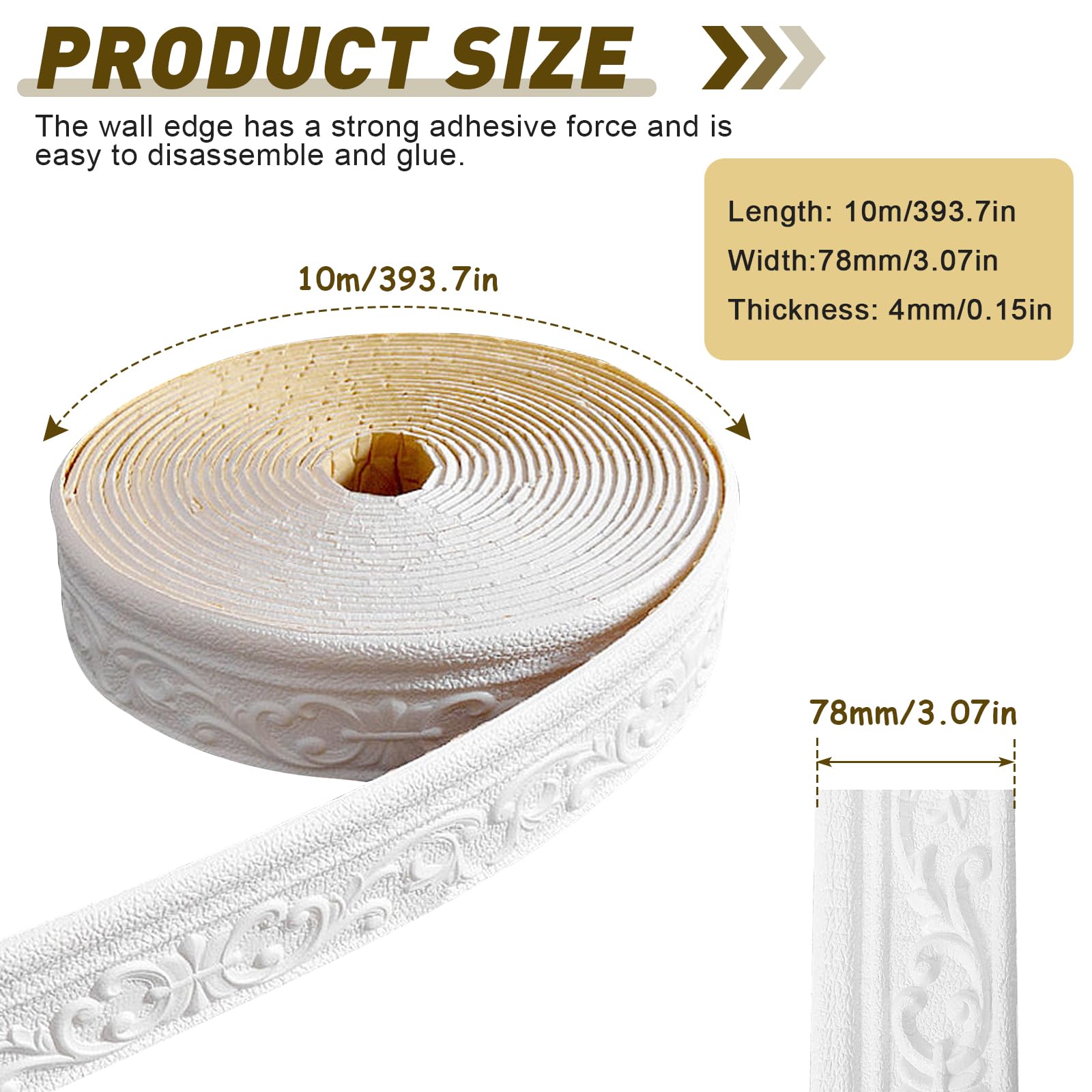 LPZMPZ Cenefa autoadhesiva de color blanco, 10 m x 8 cm x 4 mm, molduras decorativas impermeables 3D para pasillo, techo, esquina, línea