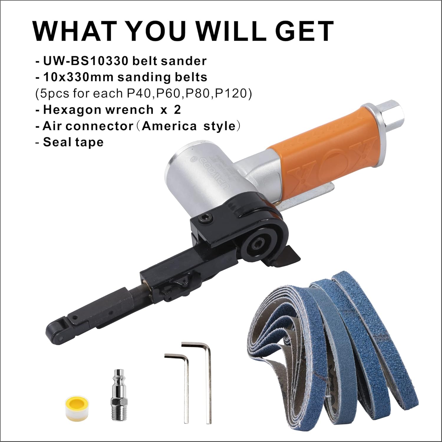 Air Belt Sander 3/8" x 13" Belt Size Pneumatic Tool with 12pc Belts (#40, #60, #80 & #120), Good for Deburring, Sanding and Finishing (3/8" x 13" Sander)