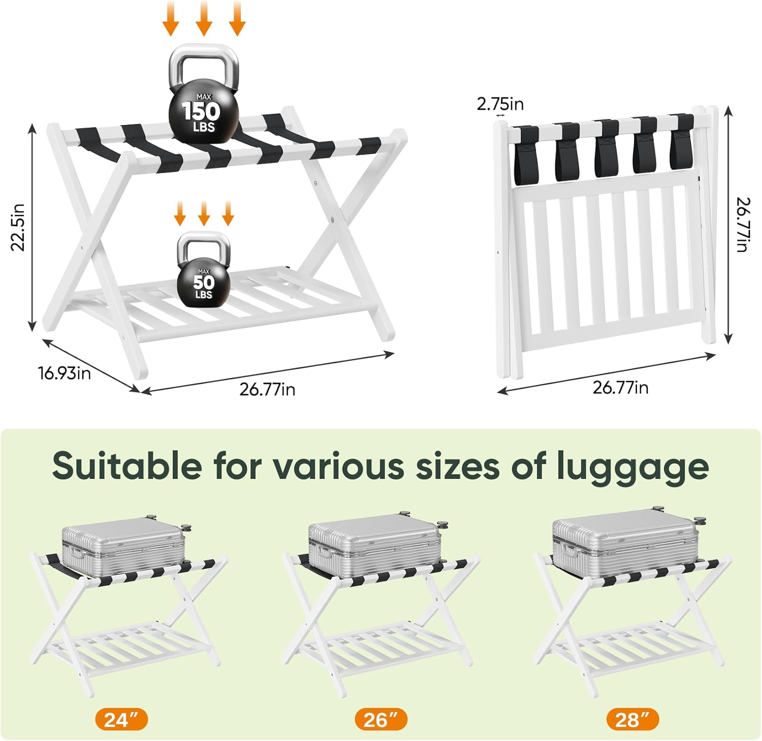 2 Packs Fully Assembled Luggage Racks with Shoe Shelf, Suitcase Stand with Fold & Lock System, Bamboo Luggage Stand Ideal for Guest Room, Bedroom, Hotel, White