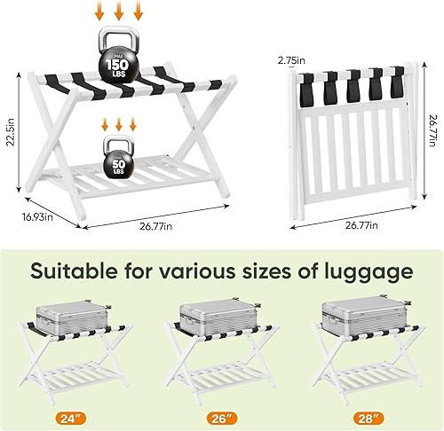 Miniatura 7 de Portaequipajes de Bambú Blanco Completamente Ensamblado, Soporte Plegable para Maletas con 5 Correas y Estante para Zapatos, Portaequipajes