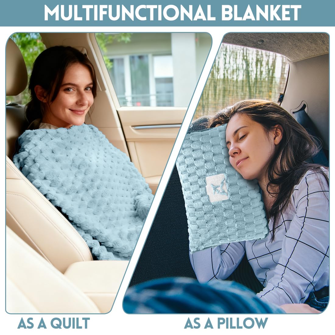 Manta de viaje almohada 2 en 1, suave y cálida manta de avión, almohada portátil multifuncional con funda de almohada, manta de viaje para avión, viajes, oficina, hogar, 127 x 152 cm (azul)