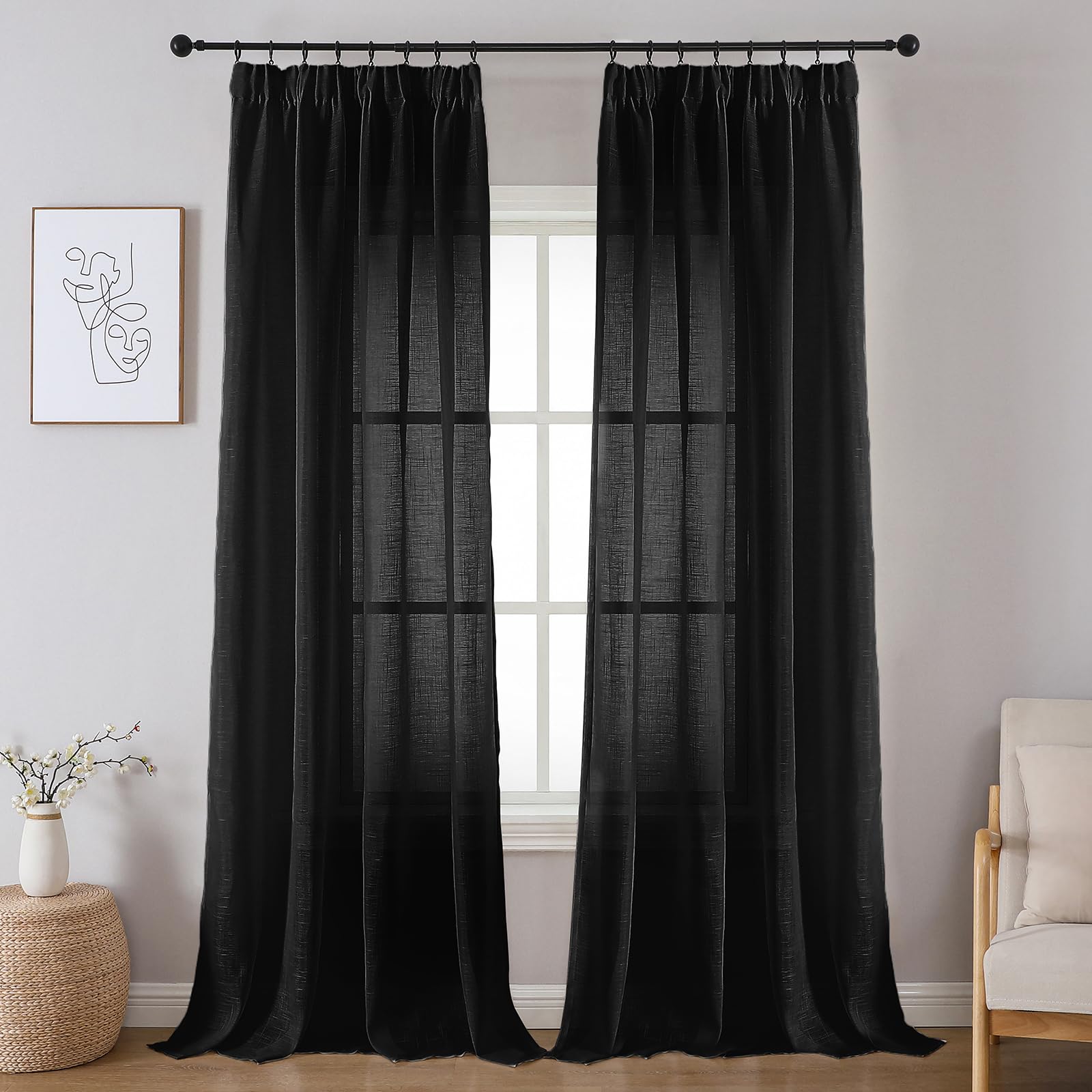 Voilages noir 140x225 cm rideau galon fronceur rail plafond Joydeco