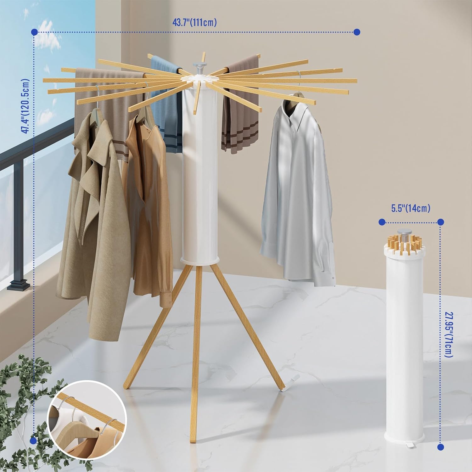 Ttripod Clothes Drying Rack, Foldable and Portable Drying Rack Clothing, Laundry Drying Rack Collapsible Indoor Outdoor Balcony Bedroom Wood Hanging rods 16 Poles