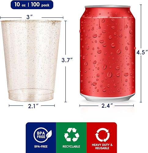 Miniatura 3 de JOLLY CHEF Paquete de 100 vasos de plástico dorados de 10 onzas, vasos de plástico desechables con purpurina dorada, vasos de plástico transparente,