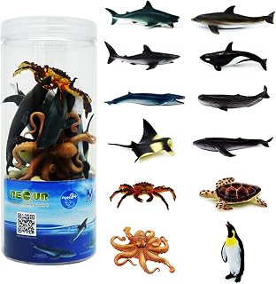 RECUR Sea Animal Toys for Kids 12pcs Ocean Animal Figures Mini Animal Toys Figures Under The Sea Party Favor for Boy Including Shark Octopus Crab Plastic Animal Figurines Bath Toys